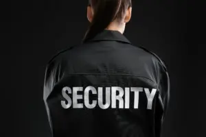 Back of Woman in Security Jacket