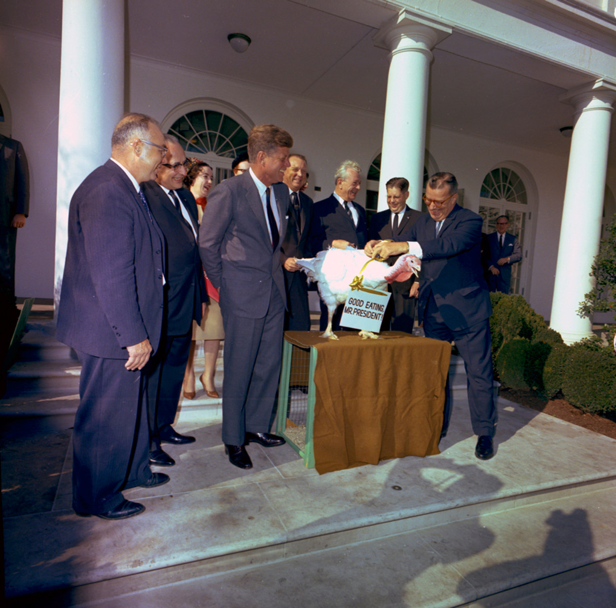 President John F. Kennedy pardoned a turkey on November 19, 1963, stating "Let's Keep him going."  John F. Kennedy Presidential Library and Museum/NARA